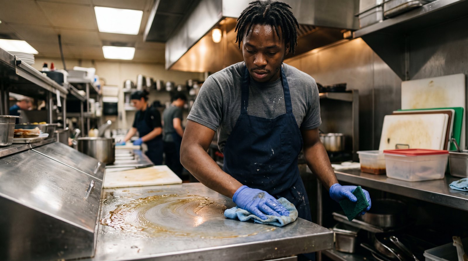 Chef cleaning a stainless prep surface with GreaseOff