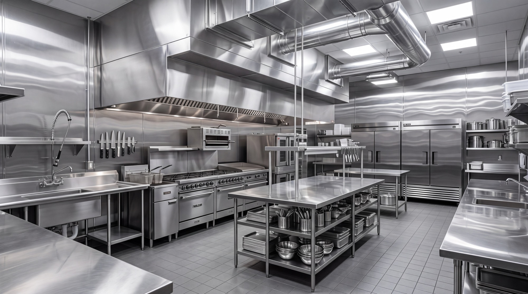 Professional stainless-steel commercial kitchen