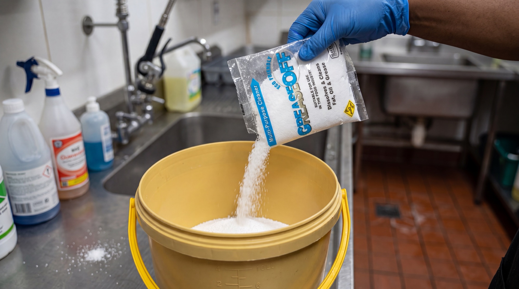 Pouring a GreaseOff sachet into a bucket of water
